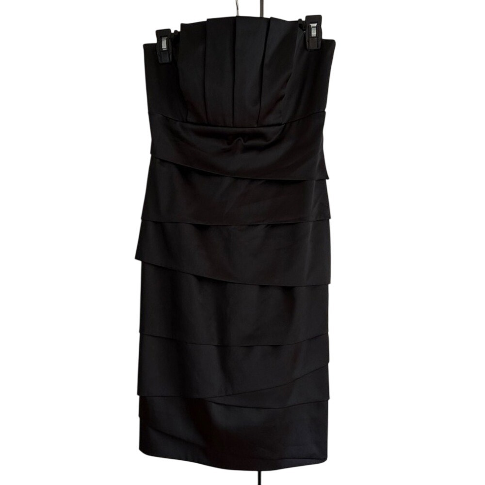 WHBM Black Satin Strapless Tiered Cocktail Party Dress LBD Size 4 Glam